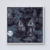 Warren Reed - Designer Spooky Shadowy Haunted House Framed Canvas in Off-White | Size: W16" x H16"