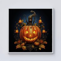 Warren Reed - Designer Spooy Pumpkin With Leaves & Small Candles Framed Canvas in Off-White | Size: W16" x H16"