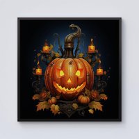 Warren Reed - Designer Spooy Pumpkin With Leaves & Small Candles Framed Canvas in Black | Size: W16" x H16"