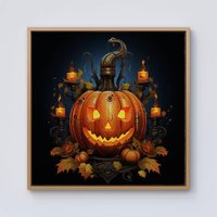 Warren Reed - Designer Spooy Pumpkin With Leaves & Small Candles Framed Canvas in Light Brown | Size: w40 inch x h40 inch