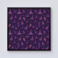 Warren Reed - Designer Witch Hats & Broomsticks Framed Canvas in Black | Size: W30" x H30"