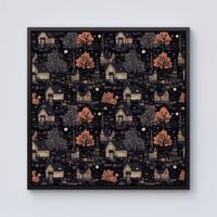 Warren Reed - Designer Spooky Haunted Houses Pattern Framed Canvas in Black | Size: w40 inch x h40 inch