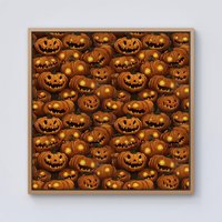 Warren Reed - Designer Grinning Lanterns Pumpkins With Glowing Eyes Framed Canvas in Light Brown | Size: w10 inch x h10 inch