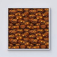 Warren Reed - Designer Grinning Lanterns Pumpkins With Glowing Eyes Framed Canvas in Off-White | Size: W16" x H16"