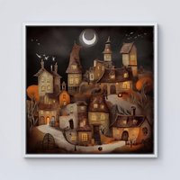 Warren Reed - Designer Spooky Halloween Village Framed Canvas in Off-White | Size: W16" x H16"