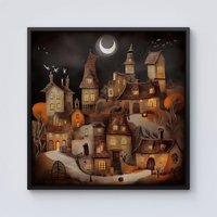 Warren Reed - Designer Spooky Halloween Village Framed Canvas in Black | Size: w40 inch x h40 inch