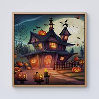 Warren Reed - Designer Spooky Halloween House Framed Canvas in Light Brown | Size: W30" x H30"