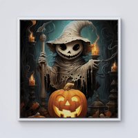 Warren Reed - Designer Creepy Ghost With Pumpkins Framed Canvas in Off-White | Size: w10 inch x h10 inch