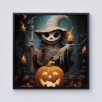 Warren Reed - Designer Creepy Ghost With Pumpkins Framed Canvas in Black | Size: w10 inch x h10 inch