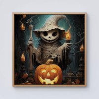 Warren Reed - Designer Creepy Ghost With Pumpkins Framed Canvas in Light Brown | Size: W30" x H30"