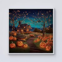 Warren Reed - Designer Enchanted Hallowen Pumpkin Patch Framed Canvas in Off-White | Size: w10 inch x h10 inch