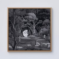 Warren Reed - Designer Eerie Moonlit Cemetery Framed Canvas in Light Brown | Size: w10 inch x h10 inch