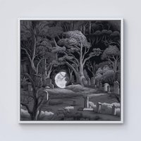 Warren Reed - Designer Eerie Moonlit Cemetery Framed Canvas in Off-White | Size: W30" x H30"