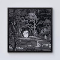 Warren Reed - Designer Eerie Moonlit Cemetery Framed Canvas in Black | Size: w40 inch x h40 inch