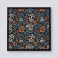 Warren Reed - Designer Dia De Los Muertos Skulls Pattern Framed Canvas in Black | Size: w10 inch x h10 inch