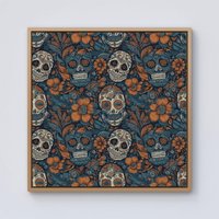 Warren Reed - Designer Dia De Los Muertos Skulls Pattern Framed Canvas in Light Brown | Size: W16" x H16"