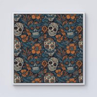 Warren Reed - Designer Dia De Los Muertos Skulls Pattern Framed Canvas in Off-White | Size: w40 inch x h40 inch