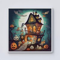 Warren Reed - Designer Illustrations A Whimsical Haunted House Framed Canvas in Off-White | Size: w40 inch x h40 inch