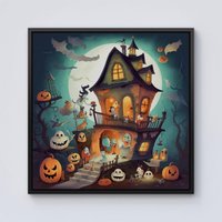 Warren Reed - Designer Illustrations A Whimsical Haunted House Framed Canvas in Black | Size: w40 inch x h40 inch