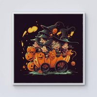 Warren Reed - Designer Cartoon Illustrations A Magical Pumpkin Carriage With Framed Canvas in Off-White | Size: w10 inch x h10 inch