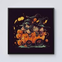 Warren Reed - Designer Cartoon Illustrations A Magical Pumpkin Carriage With Framed Canvas in Black | Size: W16" x H16"