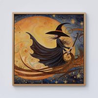 Warren Reed - Designer Imaginative Painting Of A Whimsical Witch On A Broomstick Framed Canvas in Light Brown | Size: w10 inch x h10 inch