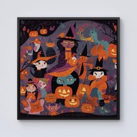 Warren Reed - Designer A Vibrant & Colorful Illustration Of Witches & Pumpkin Framed Canvas in Black | Size: w10 inch x h10 inch