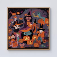 Warren Reed - Designer A Vibrant & Colorful Illustration Of Witches & Pumpkin Framed Canvas in Light Brown | Size: w10 inch x h10 inch