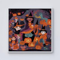 Warren Reed - Designer A Vibrant & Colorful Illustration Of Witches & Pumpkin Framed Canvas in Off-White | Size: W16" x H16"