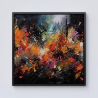 Warren Reed - Designer A Vibrant Abstract Painting Capturing The Energy & E Framed Canvas in Black | Size: w10 inch x h10 inch