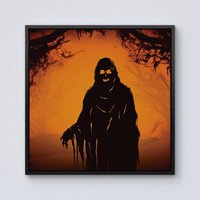 Warren Reed - Designer A Spooky Black & Orange Ghost Framed Canvas | Size: w40 inch x h40 inch
