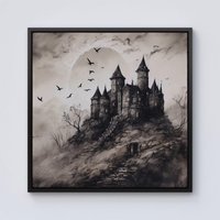 Warren Reed - Designer A Realistic Ink Drawing Of A Haunted Castle Framed Canvas in Black | Size: w10 inch x h10 inch