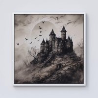 Warren Reed - Designer A Realistic Ink Drawing Of A Haunted Castle Framed Canvas in Off-White | Size: W30" x H30"