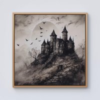 Warren Reed - Designer A Realistic Ink Drawing Of A Haunted Castle Framed Canvas in Light Brown | Size: w40 inch x h40 inch