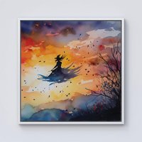 Warren Reed - Designer A Mesmerizing Watercolor Artwork Featuring A Graceful Witch Framed Canvas in Off-White | Size: w40 inch x h40 inch