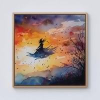 Warren Reed - Designer A Mesmerizing Watercolor Artwork Featuring A Graceful Witch Framed Canvas in Light Brown | Size: w40 inch x h40 inch