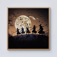 Warren Reed - Designer A Group Of Witches Riding Broomsticks Through The Night Framed Canvas in Light Brown | Size: w10 inch x h10 inch