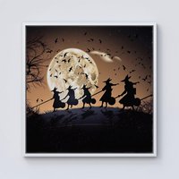 Warren Reed - Designer A Group Of Witches Riding Broomsticks Through The Night Framed Canvas in Off-White | Size: w40 inch x h40 inch