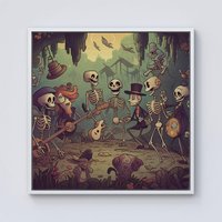 Warren Reed - Designer Cartoonish Skeletons Having A Party Framed Canvas in Off-White | Size: W30" x H30"