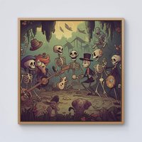 Warren Reed - Designer Cartoonish Skeletons Having A Party Framed Canvas in Light Brown | Size: w40 inch x h40 inch