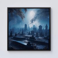 Warren Reed - Designer A Breathtaking Scene Of A Moonlit Graveyard Framed Canvas in Black | Size: W16" x H16"