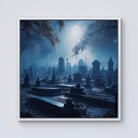 Warren Reed - Designer A Breathtaking Scene Of A Moonlit Graveyard Framed Canvas in Off-White | Size: w40 inch x h40 inch