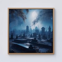 Warren Reed - Designer A Breathtaking Scene Of A Moonlit Graveyard Framed Canvas in Light Brown | Size: w40 inch x h40 inch