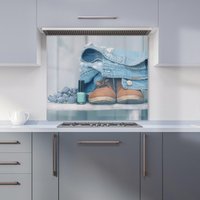 Warren Reed - Designer Shoes On The Bench Kitchen Splashback in Blue | Size: 600mm x 650mm