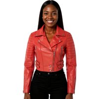 Infinity Leather Women's Cropped Brando Leather Biker Jacket-Bellville in Red | Size: 14