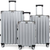 Infinity Leather Hardshell Suitcase Set Robust 8 Wheel Luggage Cabin Case Bag in Silver