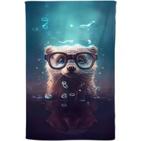 Warren Reed - Designer Ferret With Glasses Splashart Water Tea Towel in Blue