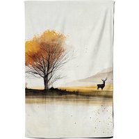 Warren Reed - Designer Autumn Landscape Stag Watercolour Tea Towel in Brown