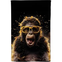 Warren Reed - Designer Splashart Monkey Face With Yellow Glasses Tea Towel in Orange