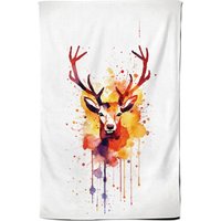 Warren Reed - Designer Watercolour Stag Face Tea Towel in Orange